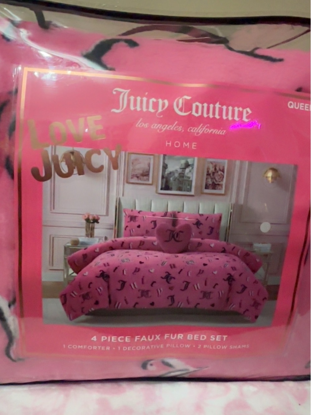 Juicy Couture Hot Pink Faux Fur Comforter Set with Black Accents